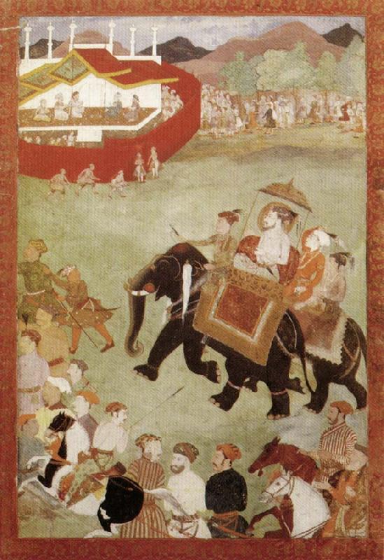 unknow artist Shah Jahan Riding on an Elephant Accompanied by His Son Dara Shukoh Mughal Sweden oil painting art